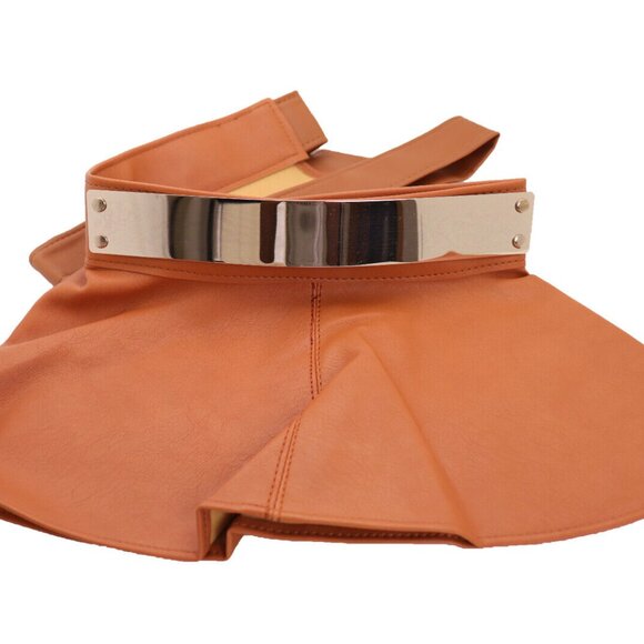 Women Beige Waistband Wrap Around Mini Skirt Tie Belt Gold Metal Plate Fit S M